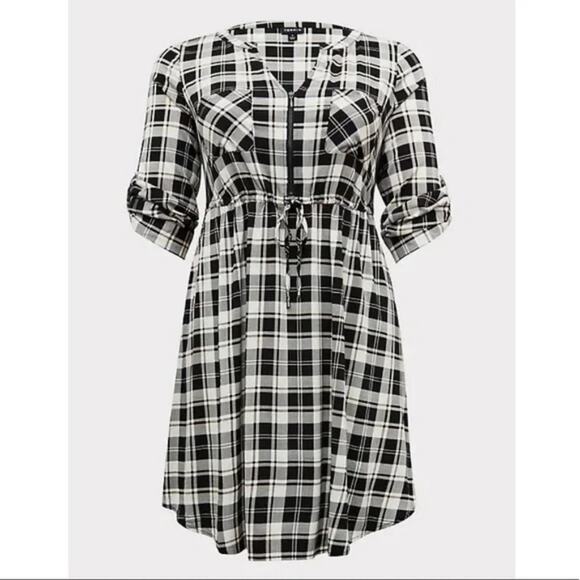 Torrid Mini Challis Zip Front Shirt Dress White Black Pink & Green Plaid 2X - Picture 6 of 8